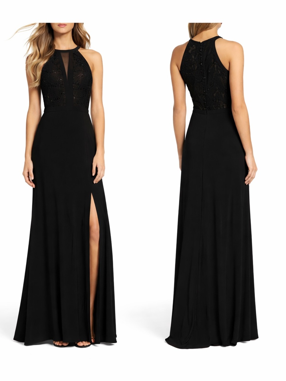 Black Lace Halter Evening Dress w/ Side Slit Morgan & Co Lace Halter Prom Dress
